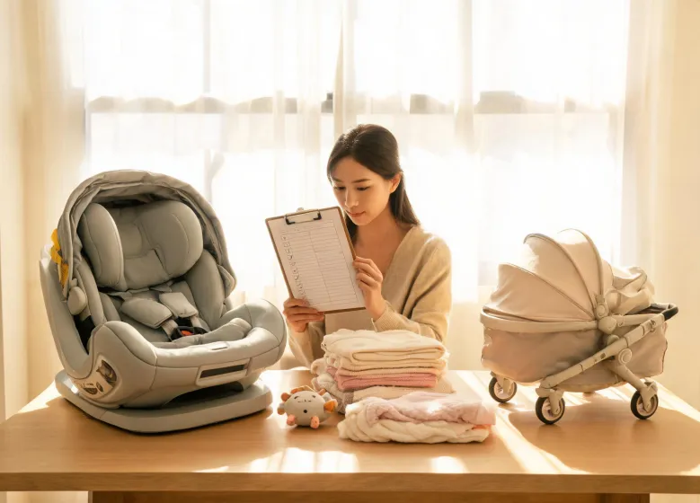 Caregiver comparing baby gear checklist