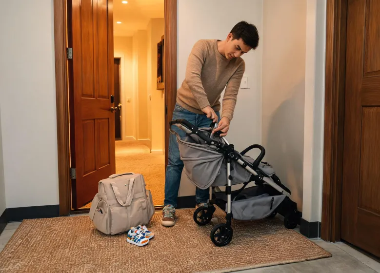 Parent folding stroller near home doorway